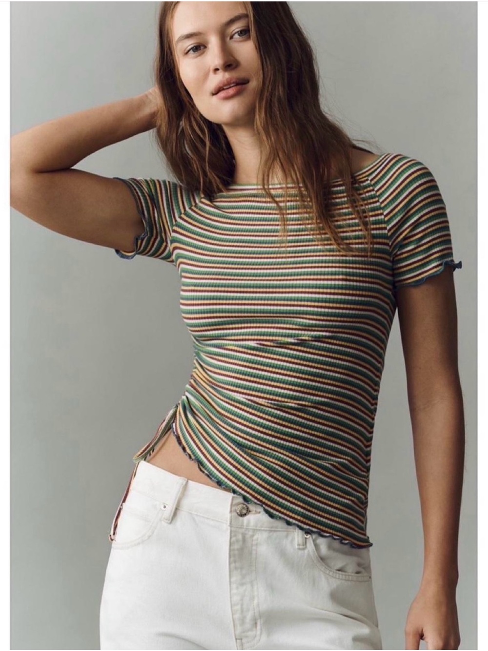 Pilcro Cinched Tee Multicolor Striped Ribbed Short Sleeve Top